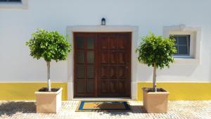 dos árboles en macetas delante de una puerta en B&B Entrecolinas, en Paderne