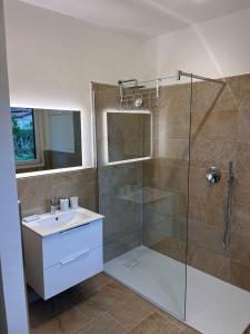 a bathroom with a glass shower and a sink at Villetta dei pini in Canzo
