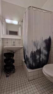 a bathroom with a shower curtain with a toilet and a sink at Ski Und Gruppenhaus in Alt Sankt Johann