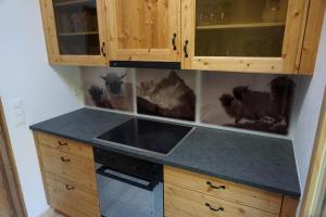 a kitchen with wooden cabinets and a black counter top at Wollhaus Oberzwirgi in Rohrmatten