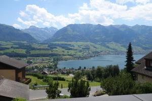 a view of a lake with mountains in the background at Ferienwohnung Kathriner Durrer in Sarnen