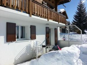 a house with snow on the ground in front of it at Adlerhorst in Rosswald