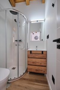 a bathroom with a shower and a toilet and a sink at As casiñas da Figueira by Serendipia Turismo in Pobra do Caramiñal
