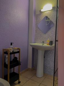 a bathroom with a sink and a purple wall at Cocon Montabo Studio climatisé avec terrasse et parking proche plage université et centre ville in Cayenne