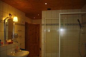 a bathroom with a glass shower and a sink at Ferienwohnung im Bergischen Land in Waldbröl +10 photos