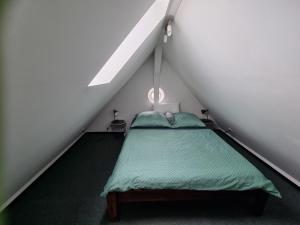 een slaapkamer met een groen bed op een zolder bij Ferienhaus Rosengarten in Selb