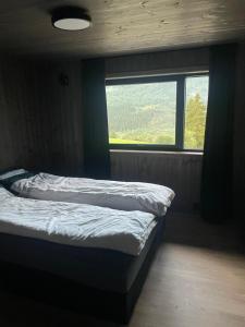 Un dormitorio con una cama frente a una ventana. en Flott hytte i Sogndal skisenter-Hodlekve, en Sogndal