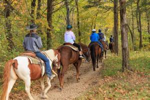 a group of people riding horses down a trail at YMCA Trout Lodge in Potosi