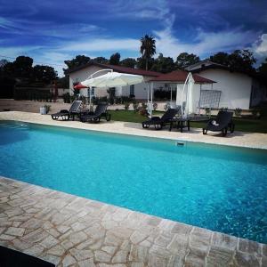 einen Pool mit Stühlen und Sonnenschirmen neben einem Haus in der Unterkunft Oasi di Francesca B&B in Pontinia