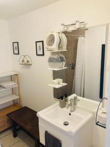 a bathroom with a sink and a mirror at Petite maison à la campagne in Saint-Germain +25 photos