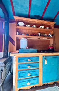 a wooden dresser with blue drawers in a room at Shepherd's hut in nature in Vojnić +32 photos