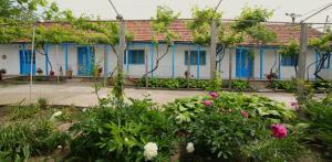 a blue building with flowers in front of it at Casa Ivana Jurilovca in Jurilovca