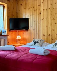 a bedroom with two beds with a tv on the wall at Case Vacanza Perron in Sauze dʼOulx