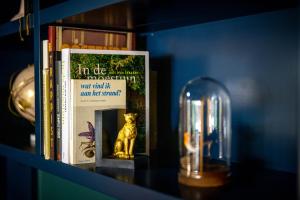 a book shelf with books and a figurine of a cat at NEW - Dicht bij de zee en Brugge in De Haan