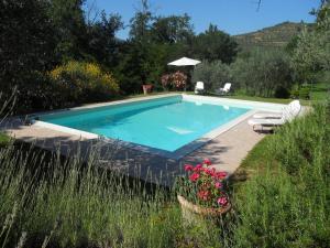a swimming pool with two chairs and flowers in a yard at Cottage in Val di Chiana in Castiglion Fiorentino
