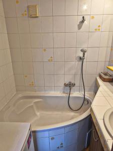 a bath tub with a shower in a bathroom at New fast apartment in Levice
