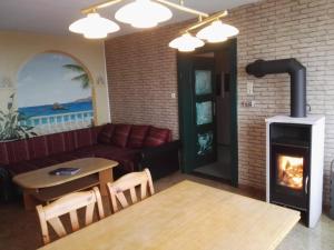 un salon avec un canapé et une cheminée dans l'établissement uriges Ferienhaus in Weißenburg Einbauküche und Garten, à Weißenburg in Bayern