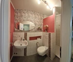 a bathroom with a sink and a toilet and a mirror at ApartmentHotel Vollumen in Redwitz an der Rodach +111 photos
