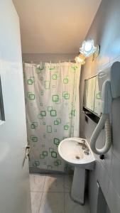 a bathroom with a sink and a shower curtain at Diplomat Hotel in Buenos Aires