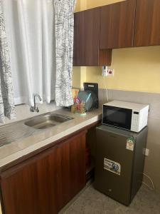 een kleine keuken met een spoelbak en een magnetron bij The R&M Escapes in Kisumu