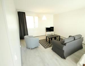 Una sala de estar con un sofá y sillas y una mesa. en Central and Spacious Apartment for 4 with Sauna, en Äänekoski