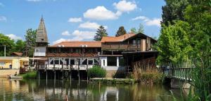 a house on the water with a church at Éden Pihenőház in Veresegyház