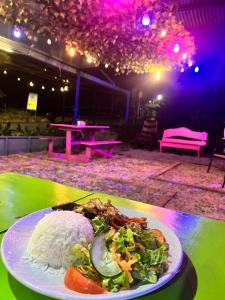 a plate of food with rice and vegetables on a table at Glamping Finca garza del sol in El pilon