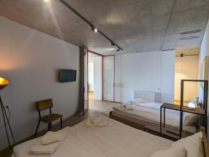 ein Schlafzimmer mit zwei Betten und einem Fernseher an der Wand in der Unterkunft High Gudauri - Ski in ski out - loft with terrace in Gudauri