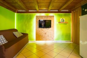 a green room with a couch and a tv on a wall at E-Home in Volla