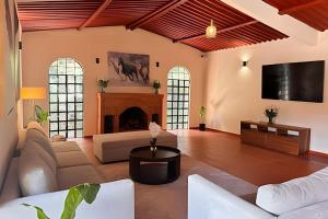 a living room with a fireplace and a tv at Suite entre árboles y fogata in El Hospital