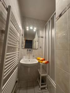 a small bathroom with a sink and a mirror at Penzion Ludor in Strážnice +25 photos