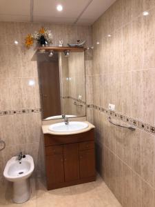 a bathroom with a sink and a toilet at Apartament L'Ampolla BLAU a 50 m del MAR, WIFI, parking in L'Ampolla +19 photos