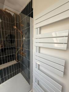 a shower with a glass door in a bathroom at Renoviertes Haus am Sommerdeich in Freiburg - Elbe