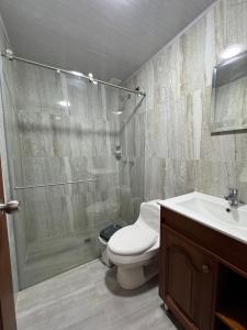 a bathroom with a toilet and a shower and a sink at Hotel Beronica Florian Santander in Florián +22 photos