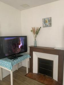 Studio 20 m2-Proche gare في لا روش سور يون: غرفة معيشة مع تلفزيون ومدفأة