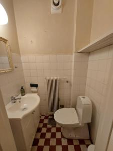 Un baño pequeño con inodoro y lavabo. en Mysigt stenhus i Simrishamn, en Simrishamn