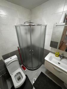 a bathroom with a shower and a toilet and a sink at Nest Apartments - FK Luxury in Kosovo Polje +6 photos