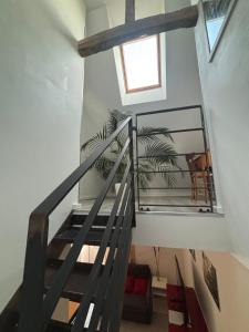 een trap met een raam en een plant bij Maison de campagne proche D'Angers in La Meignanne
