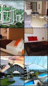 un collage di quattro foto di una camera d'albergo di APARTAMENTO EN ATLANTIS VISTA UNICA PISCINA JACUZZIi ad Armenia