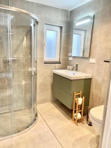 a bathroom with a sink and a shower at VillaRein in Renesse +33 photos