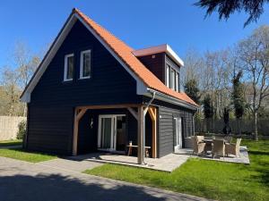 a black house with a table and chairs in the yard at VillaRein in Renesse