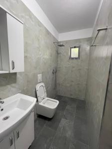 een badkamer met toilet en wastafel bij Amantius Apartments Borsh Himare in Borsh