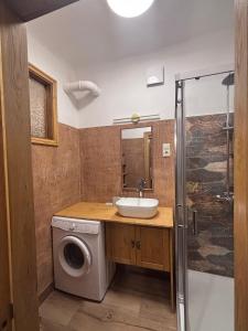 a bathroom with a washing machine and a sink at Quiet and Cozy 3BR Apartment Near Center and Airport in Rīga