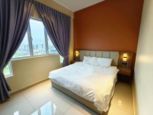 a bedroom with a large bed and a large window at AmberCove, Jonker Street-New Purple Cozy 5pax in Melaka +50 photos
