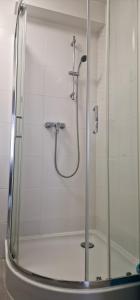 a shower in a bathroom with a glass door at Hostel Berberysowa in Wrocław