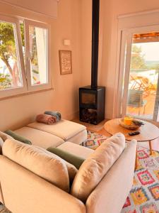a living room with two couches and a stove at Lezíria Houses - Ribatejo in Chamusca +42 photos