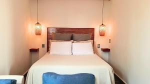 a bedroom with a bed with two pillows and two lights at Terraza & Loft San Ángel in Mexico City