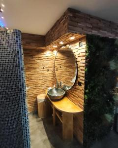 a bathroom with a sink in a brick wall at Le refuge de Bergheim - Proche Colmar - Sur la route des Vins - Studio de luxe avec Jacuzzi Privatif in Bergheim