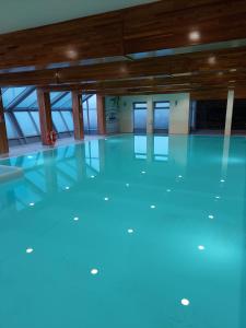 una piscina con suelo azul y techos de madera en Gminny Ośrodek Sportu i Rekreacji w Zakrzowie, en Zakrzów