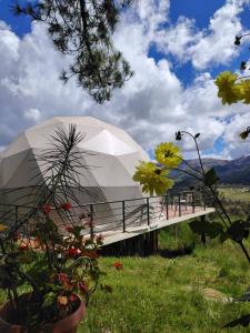 a white tent on a hill with flowers in a field at Sweet Forest-Domo Sol in Sanabria